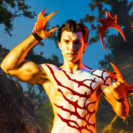 Prompt: Tom Holland, with devil horns, with a demon tail, red skin