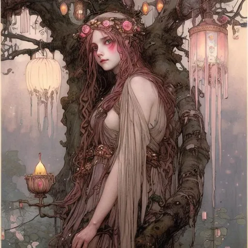 Prompt: Druid witch Girl with pretty detailed face rose gold pinkish hair perched high in a tree branch with lanterns by John bauer high contrast John William Waterhouse high bloom concept art