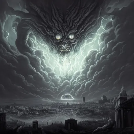Prompt: it's Rome but in a Lovecraft story. Seen by the sky.
With darkness in form of black fog that envelope the city and shadow all around.
The shadow of a big shadow monster, with claws dangerous on the city, it is on the background behind the cloud and thunder creates spot of light. Only the eyes of the monster are illuminated.
The shape of the monster, in form of shadow, is visible when the thunder hits the ground. 
Main colors are blue and red