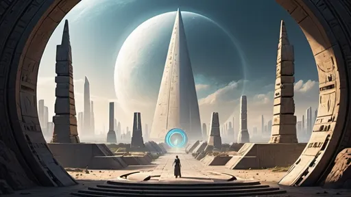 Prompt: small circular portal, small gateway between cities realms worlds kingdoms, small ring standing on edge, freestanding ring, hieroglyphs on ring, complete ring, obelisks, pyramids, futuristic towers, large wide-open city plaza, wide vista view, futuristic cyberpunk dystopian setting
