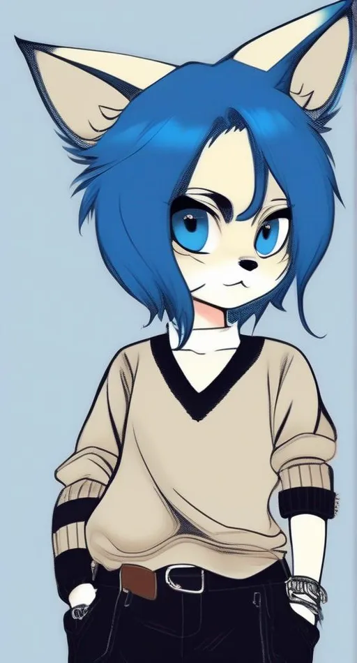 Prompt: blue punk hair, blue fennec fox, blue eyes,  dark brown long sweater with sleeves, black pants with a black belt