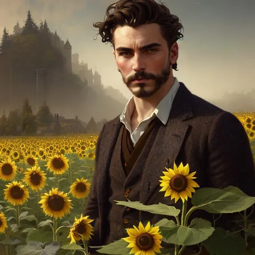 Prompt: Splash art portrait of ruggedly handsome, androgynous, dark brown haired man with short hair, light facial hair stubble, 30 years old, in a sunflower field, victorian light clothes, elegant, highly detailed, intricate, smooth, sharp focus, artstation, digital painting, concept art, art by greg rutkowski, alphonse mucha and John William Waterhouse, light, romantic, happy, soft, gentle, golden, warm, summer