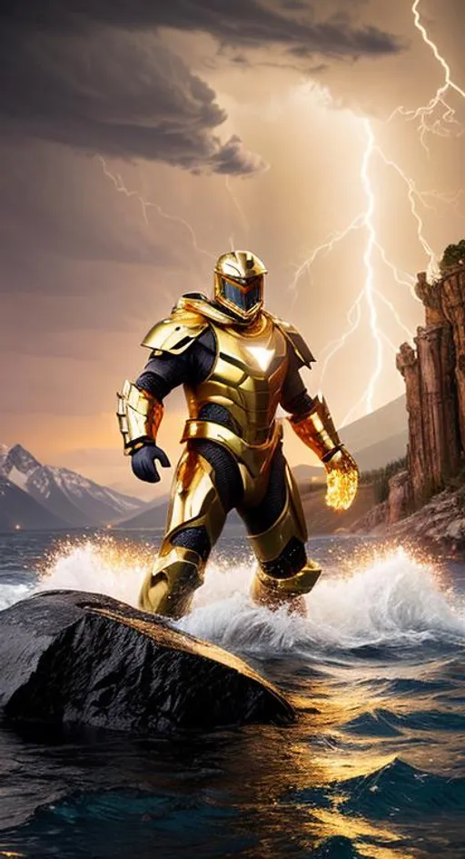 Prompt: On the coast of rocky mountains, under o'clock in the morning, a soldier with gold armor swims over dark waters and fights a sea of electrical creatures. Fire and lightning are reflected in his armor, creating amazing graphic elements., Terms of reference, fantastic, epic, fascinatingly spectacular, hyperrealistic, highly detailed, high quality 32k, unreal engine,