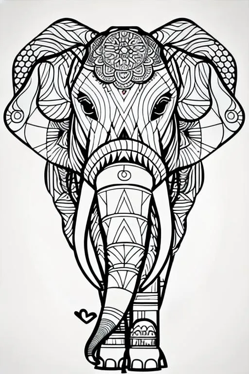 Prompt: Generate an adult coloring book page of an elephant with high details and lines clearly visible but not so thick. a well defined vector EPS line art. The area surrounding the animals should be filled with abstract elements, such as geometric shapes, patterns, and textures