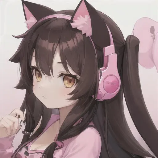 Prompt: Cat girl with dark long brown hair and wearing pink gaming headphones 