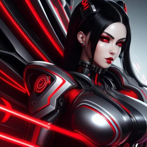 Prompt: Hyperrealistic detailed full body masterpiece of feminine cyborg ((sexy woman)) who has ((red eyes)) and ((synthetic black hair)) with ((sexy outfit)) with deep cleavage, futuristic tattoos, wires connecting to back, reflective metal, dominating posture and face expression, highly detailed, Trending on artstation, HD quality, ((huge breast)), ((sexy)), sharp focus, professional, UHD, HDR, 64K, Render, Front low view, Canon, 24mm, Spotlight lighting