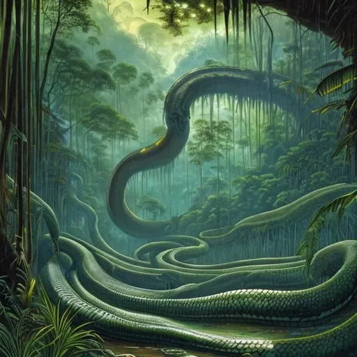 Prompt: Landscape painting, lush and dark jungle, a giant anaconda, dull colors, danger, fantasy art, by Hiro Isono, by Luigi Spano, by John Stephens