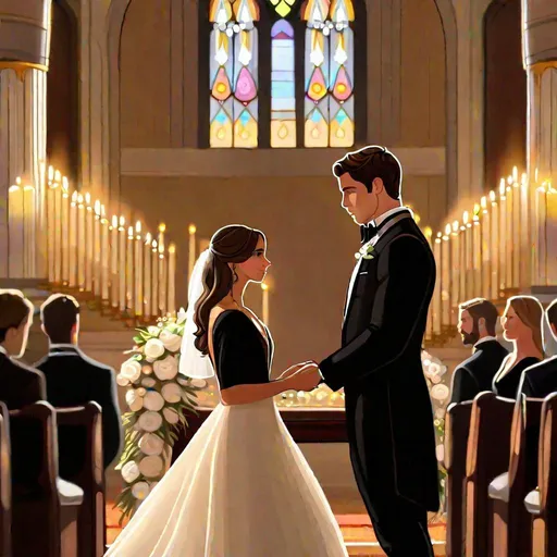 Prompt: Caleb (brown hair) (brown eyes) wearing a black tuxedo, full body, HD, standing at the altar