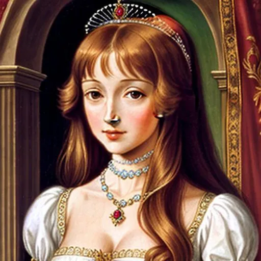 Prompt:  Jane Seymour, 16th century, Royal queen, wearing a tiara and pretty jewelry

