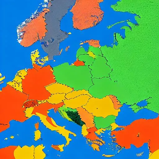 Prompt: Mapa da França, Alemanha, Bélgica, Holanda, Luxemburgo, Suíça e partes de Reino Unido, Dinamarca, Portugal, Espanha, Áustria e Liechtenstein