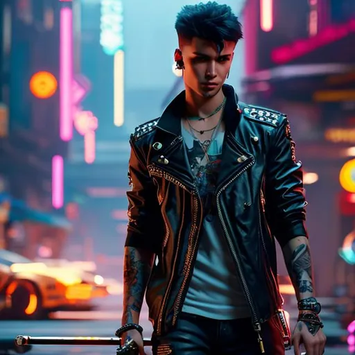 Prompt:  Rocker boy in the world of cyberpunk 2077 who has piercings  and tattoos and facial hair smoking a cigarette with his band members in the background  field oil painting unreal 5 daz. rpg portrait, extremely detailed  artgerm greg rutkowski greg hildebrandt tim hildebrandt