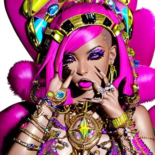 Prompt: In the early 2000s, hip-hop and pop music collided to create a new era of bling and extravagance. The music videos were bright, flashy, and full of over-the-top fashion. Imagine a photoshoot capturing the essence of the 2K7 aesthetic, featuring a female artist in their most extravagant bling, designer clothes, and sparkling jewelry. The set could be a luxurious mansion, a private jet, or a flashy nightclub, with neon lights and a heavy dose of glitter. The camera should capture every detail of the outfit, including the accessories, hairstyles, and makeup. The final product should scream "MC Bling" and transport the viewer back to a time of glitz and glamour in the music industry.