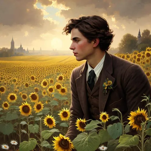 Prompt: Splash art portrait of ruggedly handsome dark brown haired man with short hair, 30 years old, in a sunflower field, victorian light clothes, elegant, highly detailed, intricate, smooth, sharp focus, artstation, digital painting, concept art, art by greg rutkowski, alphonse mucha and John William Waterhouse, light, romantic, happy, soft, gentle, golden, warm, summer