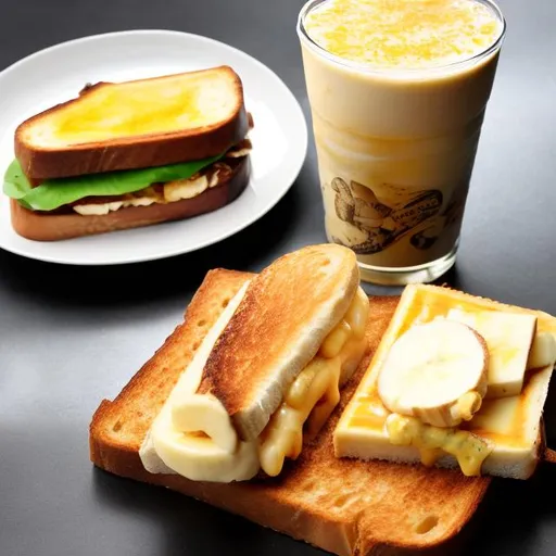 Prompt: seductress banana cheese sandwich on toast with cheese milkshake 