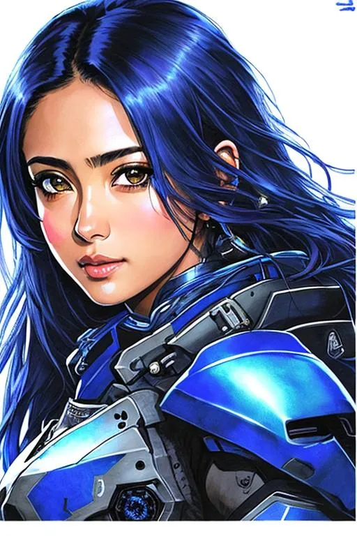 Prompt: 1man 1woman (((Yoji Shinkawa))), sticker of ultra detailed portrait of enrique iglesias and Sadaf Mohammed Sayed  (Indian actress who mainly appears in Telugu, Tamil, and Kannada films)in dark blue holy armor, canon robotic hand, blue long hair, high quality cell shaded illustration in post apocalyptic style by Yoji Shinkawa, ((full body portrait)), dynamic pose, perfect anatomy, centered, freedom, soul, blue long hair, approach to perfection, cell shading, 4k , cinematic dramatic atmosphere, watercolor painting, global illumination, detailed and intricate environment, artstation, concept art, fluid and sharp focus, volumetric lighting, cinematic lighting, Art by Yoji Shinkawa,