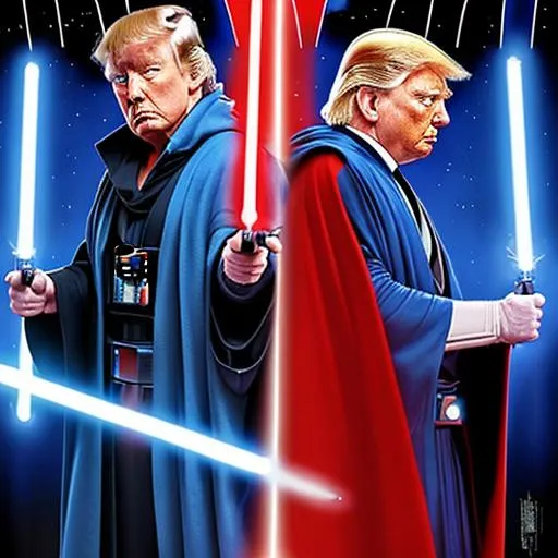 Prompt: star wars movie poster: Donald Trump the master jedi has blue a blue lightsaber and a red cloak. He is fighting Barak Obama who has a red lightsaber and wearing a dark cloak
