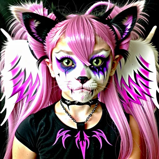 Prompt: Half demon, half wolf cat thingy hair made from fairydust eyes glow in the dark 12 inch scar arcrossed face because bullied, nerd, pretty clothing because princesse, half fairy fancy neckless from mom thats dead and bruses from dad I have angel wings I wEAR PINK maKeup and  My tail is the a fluffy demon tail, boy