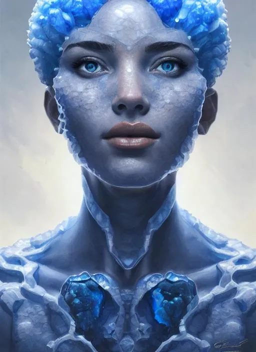 Prompt: Portrait of a bleu geode in shape of a beautiful woomen and with cute face, perfect composition, hyperrealistic, super detailed, 8k, high quality, trending art, trending on artstation, sharp focus, studio photo, intricate details, highly detailed, by greg rutkowski