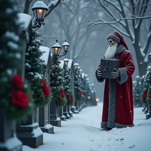 Prompt: Winter Cemetery Christmas Scene
A snow-covered cemetery lit by black iron lanterns. Gravestones are adorned with dark green wreaths, red roses, and black silk ribbons. A skeletal figure dressed as a Santa Claus silhouette looms in the background, offering gifts wrapped in black paper with silver detailing.