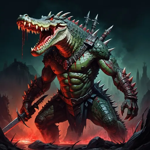 Prompt: Fantasy illustration of an the male archdemon of war, giant four armed crocodile-man, carrying weapons, red glowing eyes, four arms, swords, sharp teeth, blood stained, four arms with swords, glorifying pose, on a dark battlefield, vibrant colors