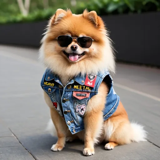 Prompt: Pomeranian wearing a heavy metal music denim vest with patches