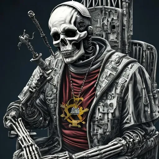 Prompt: The pope as skeleton, Smoking Weed, ak47, color, darkside, super realistic, fullbody, detailism, Cyber Punk, 