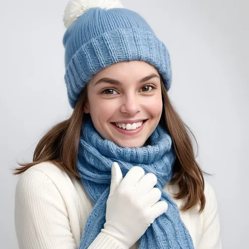 Prompt: a smiling young woman wearing a white hat and scarf and gloves with a blue sweater and white hat and scarf on, White background. Full head and body. Daphne McClure, net art, product photo, a stock photo