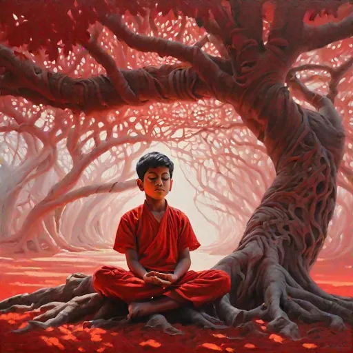 Prompt: intricate details, A boy meditating, under banyan tree, oil Painting, red hue