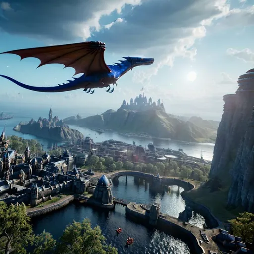 Prompt: Wyvern floating in the air, the character has deep blue scales , red eyes, full body, good quality, realistic, medieval city in  the background, lightning striking medieval city in the background, good quality, ultra realistic, 8k quality