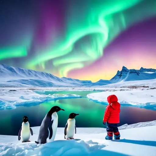 Prompt: Boy exploring the Arctic tundra, sees a family of penguins building a nest in the distance, with Northern Lights overhead, Ultra real, coloring book page