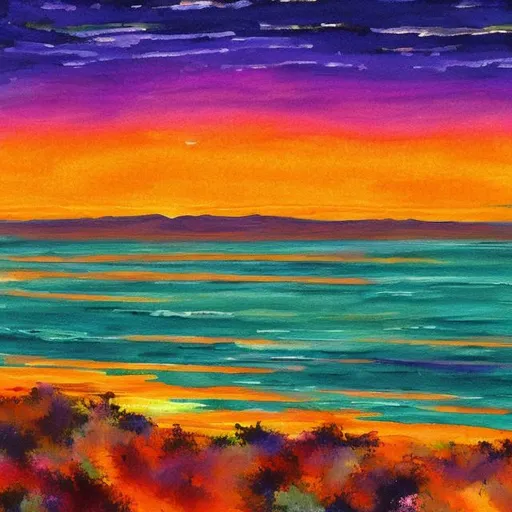 Prompt: Saturn drive desert ocean sunset impressionism