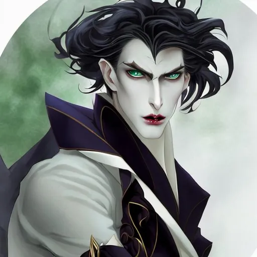 Prompt: male vampire, exudes an air of elegance and mystery.  tall and slender frame, he carries himself with a regal grace, every movement deliberate and refined. porcelain skin is flawless, reminiscent of moonlight, and contrasts with his luscious raven-black hair that falls in sleek waves around his shoulders.

His piercing emerald-green eyes hold a captivating gaze that seems to penetrate the very soul of those who meet his gaze. Vincent's features are finely sculpted, with high cheekbones, a straight nose, and a perfectly shaped, slightly upturned cupid's bow mouth that seems to hint at secrets and hidden desires.