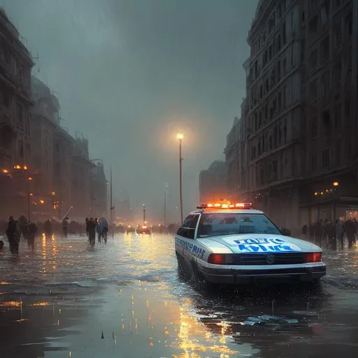 Prompt: "a police car driving through shallow water, flooded city, raining, people walking through shallow water, muted colors, hyperrealistic, oil painting, intricate, cgsociety, artstation, 8 k, cinematic, soft lighting, by greg rutkowski, by wlop, by artgerm"