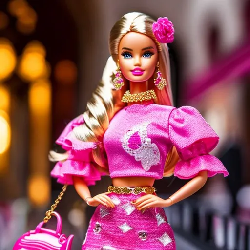 Prompt: High detailed Barbie with long hair wearing high detailed pink Dolce&Gabbana outfit 