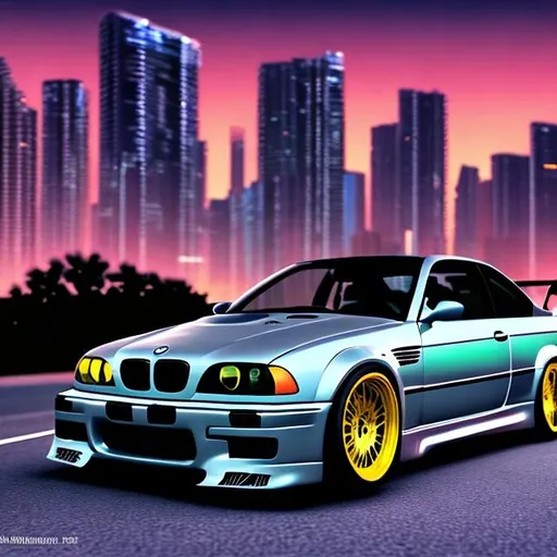 Prompt: 2001 BMW M3 E46 GTR, synthwave, aesthetic cyberpunk, miami, highway, dusk, neon lights, coastal highway, sunset, drift, very detail 
