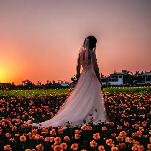 Prompt: In the middle of a flower field in the afternoon when sunset falls, the bride stands there saying goodbye to the person most important to her, her ex
