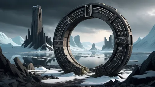 Prompt: magical portal between cities realms worlds kingdoms, circular portal, ring standing on edge, upright ring, freestanding ring, hieroglyphs on ring, broken ring, ruins, crumbling pillars, broken archways, ancient roman architecture, arctic wilderness setting, panoramic view, futuristic cyberpunk tech-noir setting