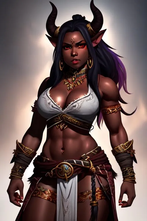 Prompt: Hyperdetailed angry beautiful female teifling barbarian, very dark skin, two ears, full body, enraged

Hyperdetailed clothes, tattered rags,

Soft lighting, studio background