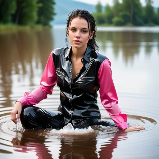 Prompt: photo of young woman, soaking wet clothes, black leather boots, shiny black jeans, pink satin blouse,  , wading in lake,   enjoying, water dripping from clothes, clothes stuck to body,  detailed textures of the wet fabric, wet face, wet plastered hair,  wet, drenched, professional, high-quality details, full body view 