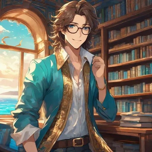 Prompt: Third person, gameplay, high quality, full body, feminine man, shoulder length wavy brown hair with blue streaks, tanned white skin, bright brown eyes, smile, glasses, turqoise and gold inlaid jacket with detailed patterns, ((magical laboratory)) with bookshelves and a large window with an ocean view in the background, cool atmosphere, manga style, extremely detailed print by Hayao Miyazaki, Studio Ghibli,