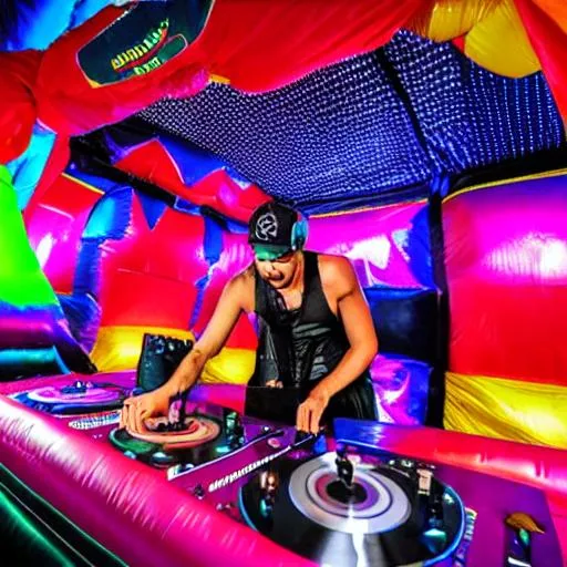Prompt: dj with turntables 
at a nightclub party bounce house