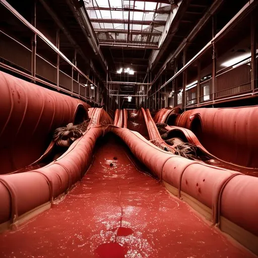Prompt: Indoor water slides empty dirty vomit dilapidated night dim lighting red dirty dry dark drain meat flesh nightmare holes