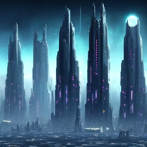 Prompt: Futuristic Tall black towers on deep dark ocean dark sky spaceships night lights hover ships dark tall city lots and lots of small floating ships hovering above clouds big planet with rings closeby spaceships hovering super tall mega skyscraper