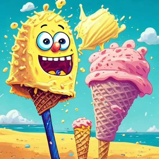 Prompt: /imagine prompt: Bob Esponja indulging in a massive ice cream cone, getting covered in sticky deliciousness, comical, messy, animated, close-up shot, sunny day, playful, by a talented cartoonist --ar 16:9 --v5.2


