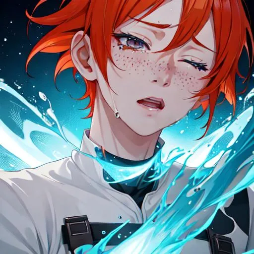 Prompt: Erikku male adult (short ginger hair, freckles, eyes closed) UHD, 8K, Highly detailed, insane detail, best quality, high quality,  anime style, upset, crying, in purgatory, tears, 