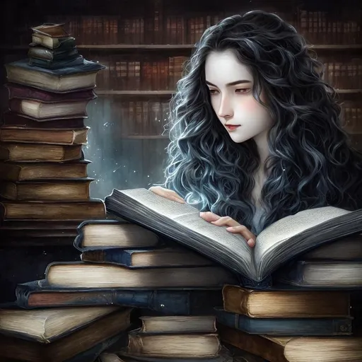 Prompt: Fine art portrait: "Lost Knowledge In Library Of Darkness" Dark Academia - Beautiful Student Lady is looking for a certain book: long, wavy light brown hair, high forehead, narrow eyebrows, straight nose, natural lips, strong, defined face - Very nice face painted with silver ink, gold ink and blue watercolor, very thin lines, sharp focus, extremely detailed, precise work, a masterpiece by Luis Royo