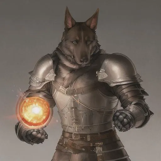 Prompt: male, anthro, fursona, lithe, toned, soldier, leather armor, sword, german shepherd, canine, realistic, detailed, drawn, furry, humanoid animal, anime, unkempt hair, fantasy, magic, fireball