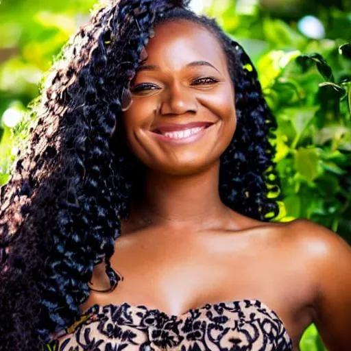 Prompt: Cheerful close-up photo of beautifully faced black woman, in flower garden, beach waves, black hair, brown eyes, cleavage, belly, waist, blue evening dress, night, finely detailed, detailed face, HDR, UHD, 8K
not: Cheerful close-up photo of beautifully faced black woman, in flower garden, beach waves, black hair, brown eyes, cleavage, belly, waist, blue evening dress, night, finely detailed, detailed face, HDR, UHD, 8K