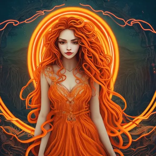 Prompt: 
insanely beautiful lady with long curly yellow hair with beautiful orange dress wolf in a beautiful mythical place neon orange ambience