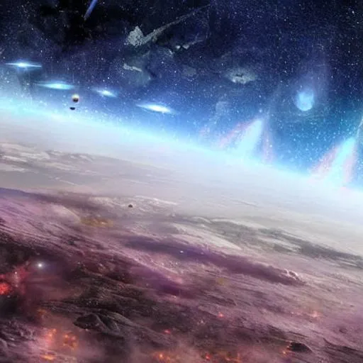 Prompt: open world, sci-fi, star-trek, with a war raging, with lots of space and bluish sky, with galaxies forming
